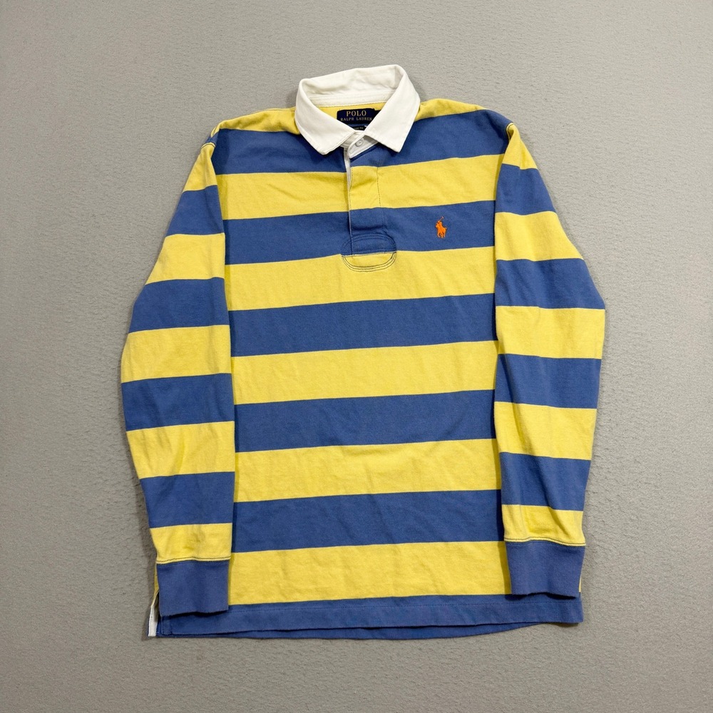 Polo Ralph Lauren Rugby Shirt Medium Yellow Blue Striped Classic Fit Long Sleeve